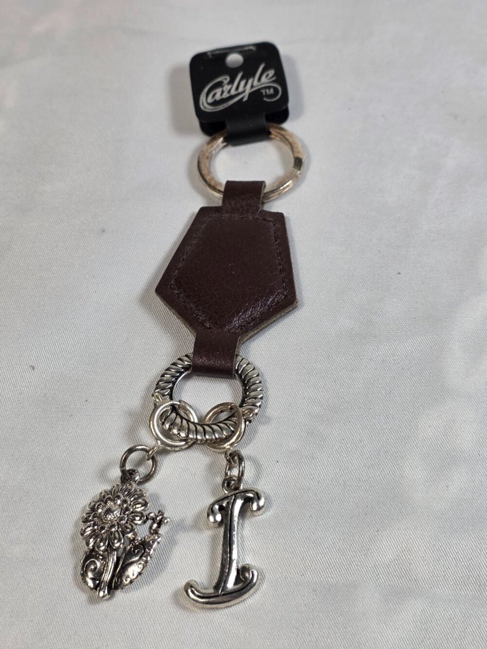 Carlyle Vintage Leather Keychain Monogram Initial Letter I Silver Charm Flower
